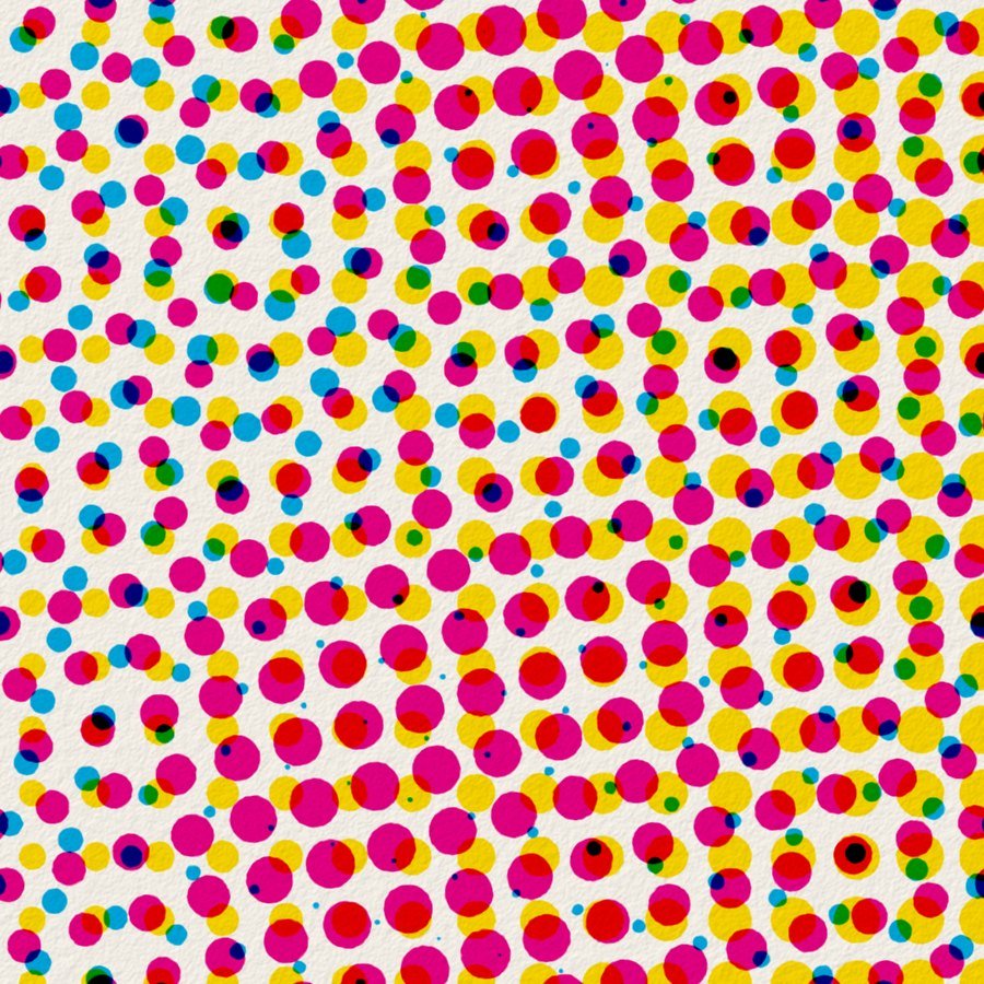 Detalhe ampliado de pontos de retícula em ciano, magenta e amarelo